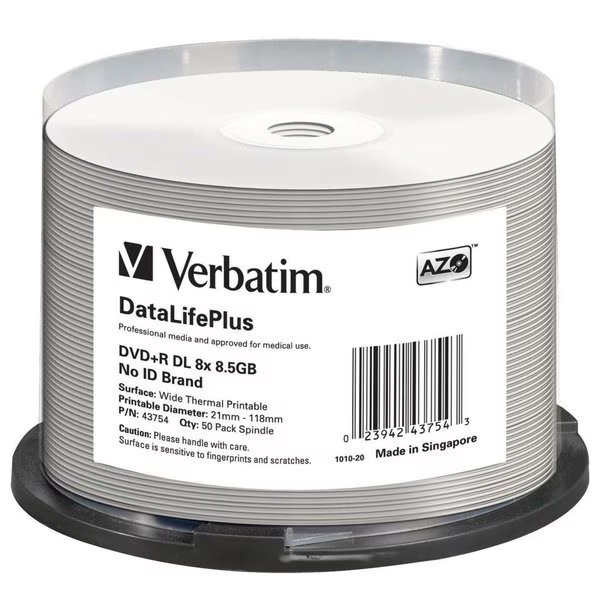 Dvd+R Dl 8.5Gb 8X, White Wide Thermal Printable, 50Pk Spindle, Verbatim, Mfr#: 43754